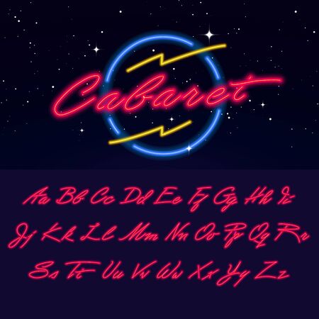 Bright Neon Script Font. Vector glowing Night Club alphabet.のイラスト素材