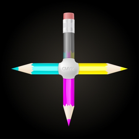 Sharp cyan, magenta and yellow pencils combined in CMYK cross symbolのイラスト素材