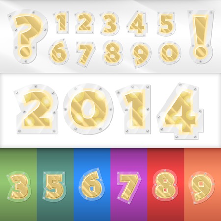 Vector alphabet golden numbers set. Metallic numbers screwed to any colored surface.のイラスト素材