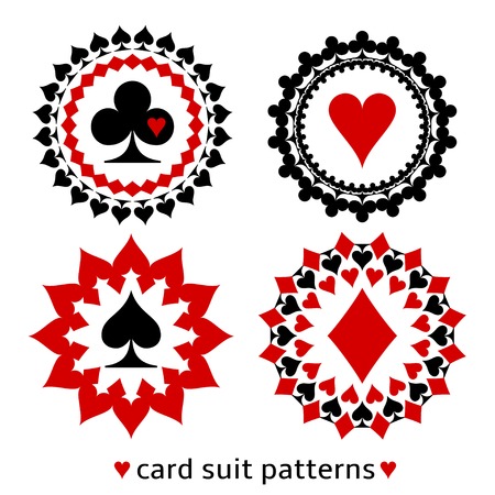Nice card suit round patterns. Fancy elements of spade, heart, diamond and club for gambling design.のイラスト素材