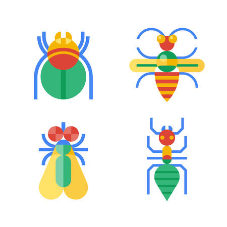 Four abstract insects colored with yellow, blue, red and green.のイラスト素材