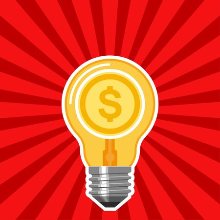 Business concept with light bulb and red rays. Business idea made in abstract flat vector illustration.のイラスト素材