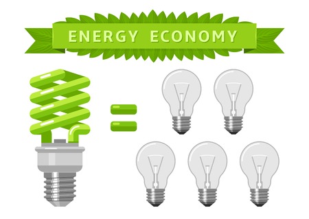 Electric energy economy of light bulbs. One eco green lamp is worth of five common bulbs.のイラスト素材