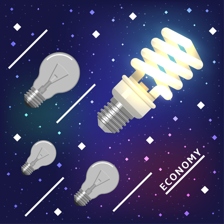 Energy economy technology is a future. Concept of high advantages of new tech lamps are flying ahead into the future in space.のイラスト素材