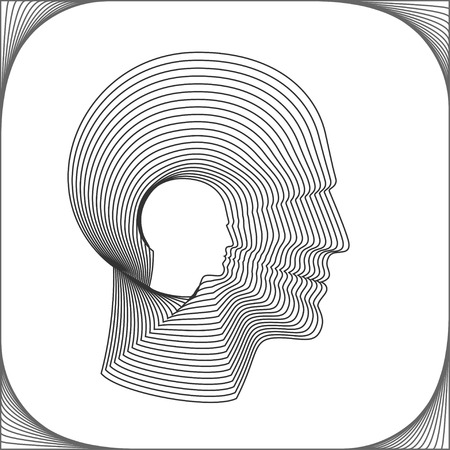 Conceptual side portrait of a happy man. Head of man made from concentric thin line shapes. Vector illustration.のイラスト素材