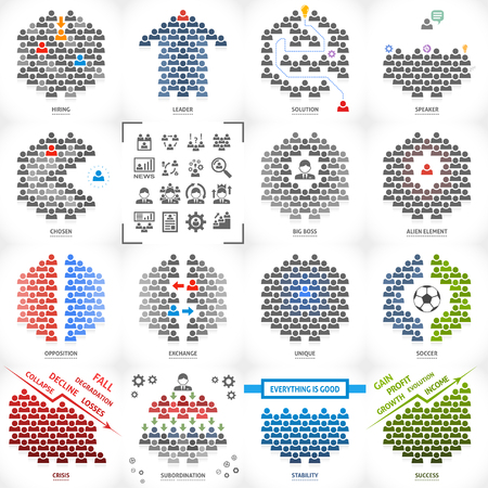 Business office conceptual set. Business concept of office situations. Office people communication. Business icons with office employees. Unique business person inside community. Business vector.のイラスト素材