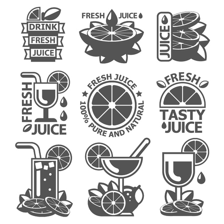 Tasty orange lemon grapefruit juice badge labels. Monochrome vector elements made in flat style.のイラスト素材