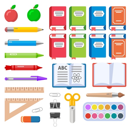 Set of books pens markers and crayons. Flat vector illustration for education design.のイラスト素材