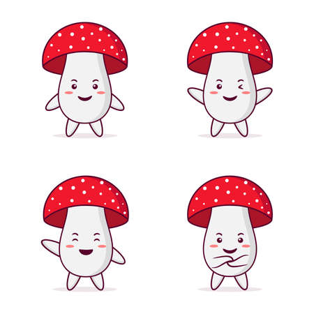 Cute mushroom character with different poses and expressionsのイラスト素材