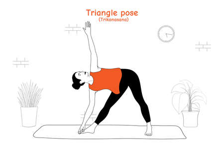 Woman doing yoga asana triangle pose or trikonasana in flat hand drawn styleのイラスト素材