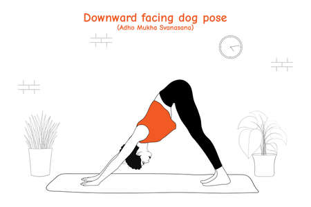 Woman doing yoga asana downward facing dog pose or adho mukha svanasana in flat hand drawn styleのイラスト素材