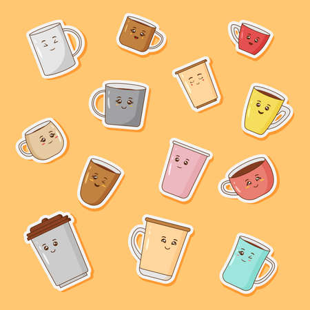 Set of cute coffee cup stickersのイラスト素材