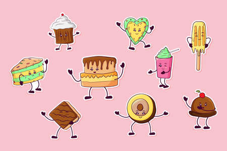 Set of cute hand drawn dancing sweets stickersのイラスト素材