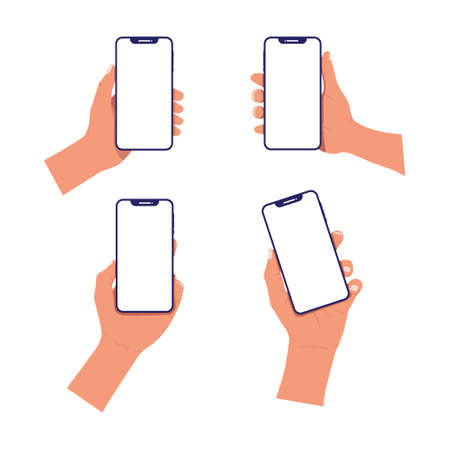Set of hands holding smart phones with blank white screenのイラスト素材