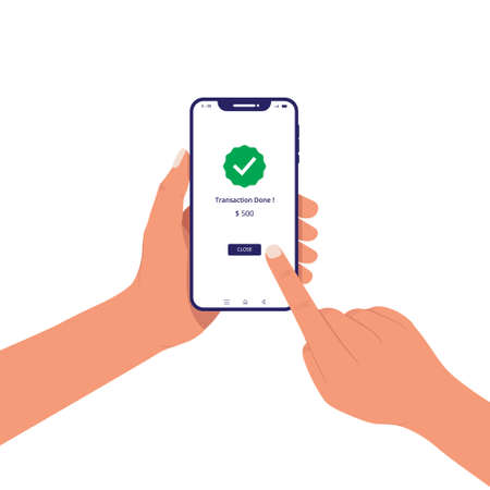 Hand holding smart phone with transaction done message on screenのイラスト素材