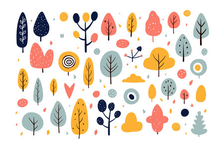Collection of hand drawn autumn trees. Scandinavian style. Vector illustration.のイラスト素材