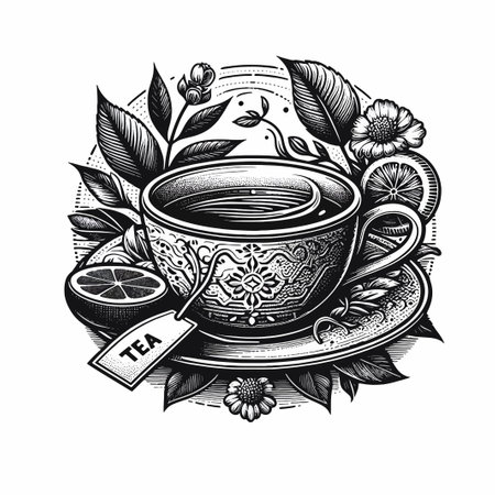 Cup of tea with lemon, leaves and flowers. Black and white engraving vector illustration.のイラスト素材