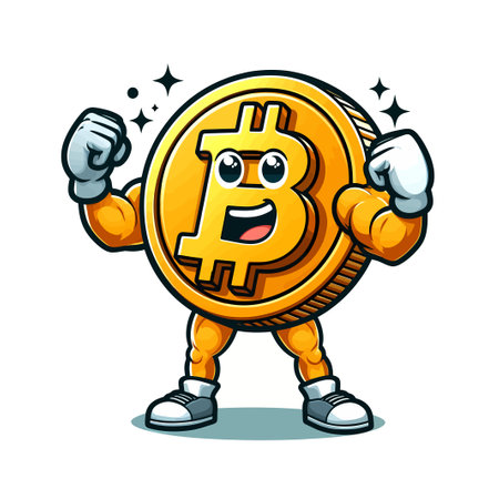 Successful Bitcoin mascot cartoon style vector illustration. Isolated on white background.のイラスト素材