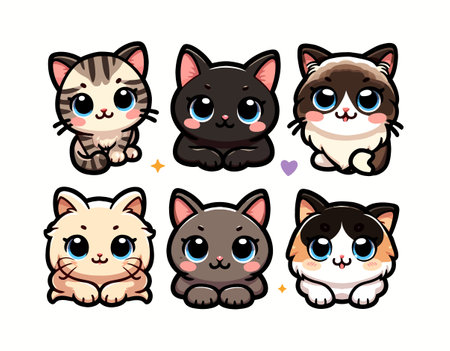 Cute cat cartoon character vector illustration. Cute kitty mascot with different eyes.のイラスト素材