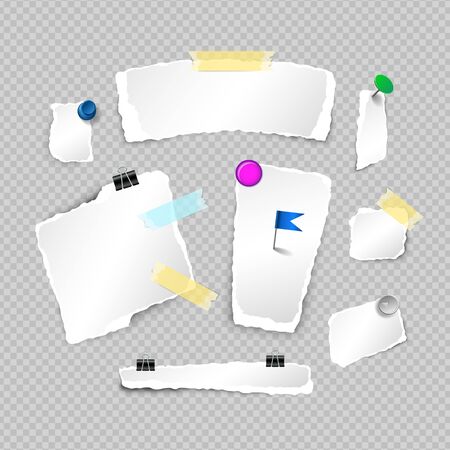 Set of ragged sheets of paper, blank torn pages and elements for attaching paper. Pin, scotch tape and paperclip set. Vector mock-up imageのイラスト素材