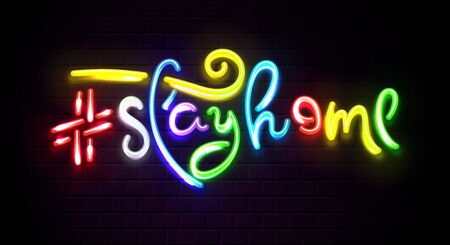 Tag Stayhome. Neon light shiny vector phrases on night brick backgroundのイラスト素材