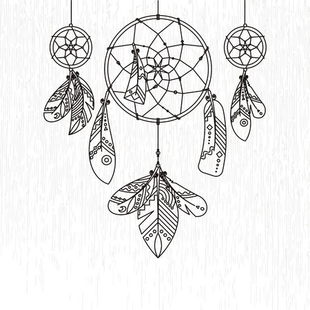 Ornate dream catcher with feathers. Vector abstract illustration, modern line style. Background or greeting card with place for your textのイラスト素材