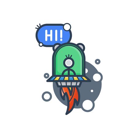 Cute robot say Hi. Vector flat modern cartoon character. Isolated illustration virtual online help customer support on white background. Voice support service chat bot with speak bubbleのイラスト素材
