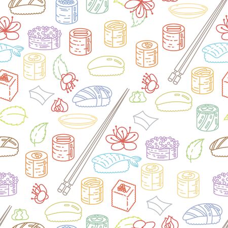 Beautiful sushi seamless pattern. Rolls with fish, chopsticks, ginger and soy sauce. Delicious food vector ornament for restaurant and bar menu, booklets or printsのイラスト素材