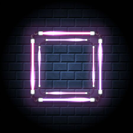 Neon shine double square with empty place for your text. Vintage electronic luminous dual rectangular frame on a brick background for your design. Vector illustrationのイラスト素材
