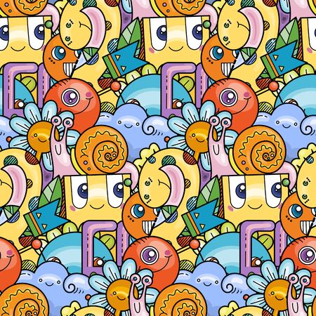 Kawaii seamless pattern of friendly doodle monsters,cute and fun variety of colors animals. Vector backgroundのイラスト素材