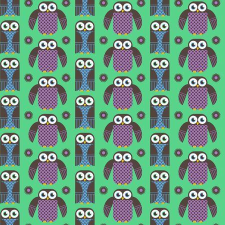 Seamless cute owl and owlet vector illustration pattern. Endless ornament of nice flat birds. Vector unique illustration for design.のイラスト素材