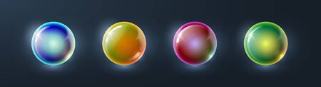Set of realistic shiny glass magic spheres, empty crystal globes, glossy bubbles, pearls with reflections. Collection of vector 3d abstract circle orbs for decoration and designのイラスト素材