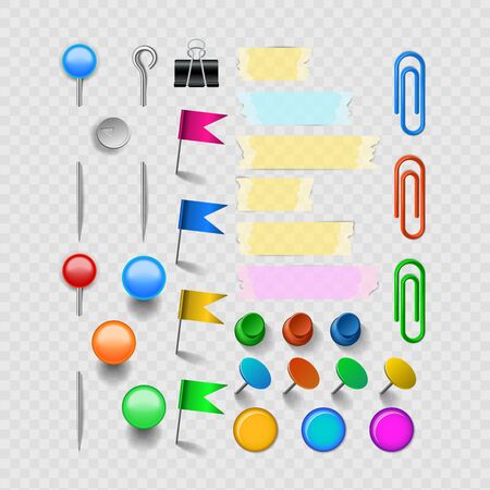 Vector office accessories set with pins and staples, clips scotch and magnets. Isolated on transparent background illustrationのイラスト素材