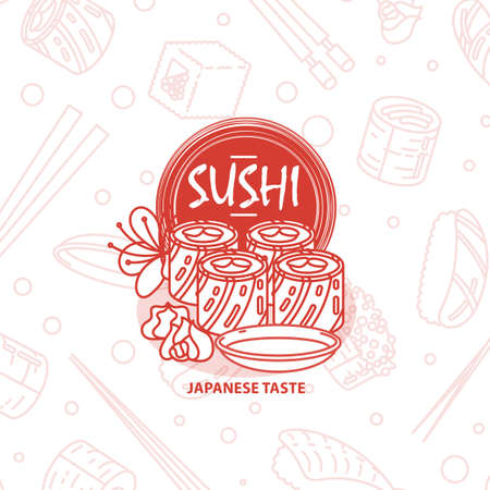 Sushi. Japanese food. Rolls with fish and caviar on eco plate, chopsticks, ginger and soy sauce. Delicious vector illustration for restaurant and bar menu, booklets or printsのイラスト素材