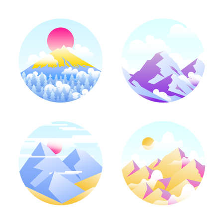 Abstract logo design minimalistic templates with gradient landscapes and scenes. Vector emblem and concepts in round shapeのイラスト素材