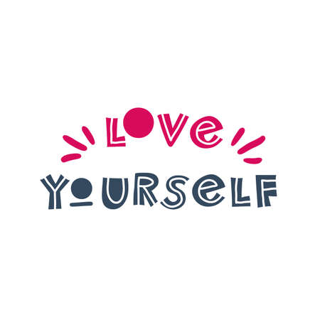 Love yourself. Hand-drawn lettering in sloppy style. Scandinavian doodles. Vector isolated motivation illustrationのイラスト素材