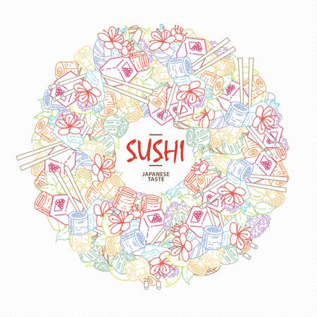 Sushi. Japanese food. Rolls with fish and caviar on eco plate, chopsticks, ginger and soy sauce. Delicious vector illustraton for restaurant and bar menu, booklets or printsのイラスト素材
