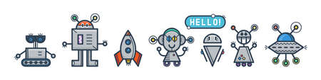 Set of cute vector robots with bubble in flat cartoon style. Vector isolated bots in a white...