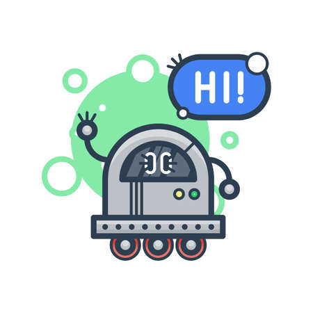 Cute robot say Hi. Vector flat modern cartoon character. Isolated illustration virtual online help customer support on white background. Voice support service chat bot with speak bubbleのイラスト素材