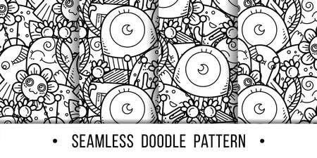 Set of kawaii seamless patterns of friendly doodle monsters, cute and fun variety of colors animals. Vector backgroundsのイラスト素材