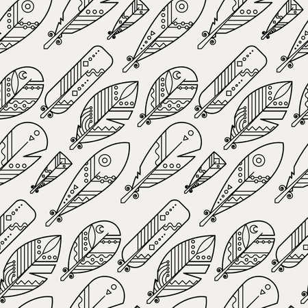 Seamless boho pattern with ethnic tribal feathers, modern vector illustration, for wallpaper, web page background, greeting cards, fabric printのイラスト素材