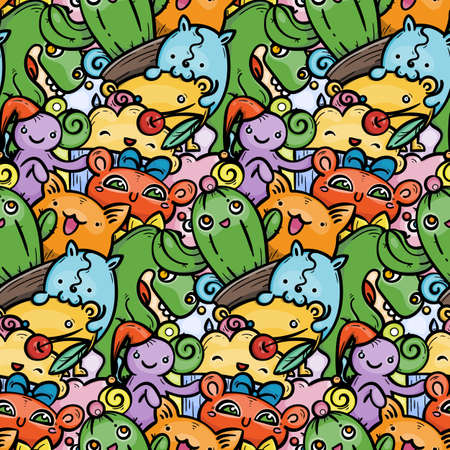 Cute doodle smiling monsters seamless pattern for child prints, designs and coloring books. Vector illustrationのイラスト素材