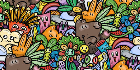 doodle smiling monsters seamless pattern for child prints, designs and coloring books. Food, animals, robots, flowers. Vector illustrationのイラスト素材