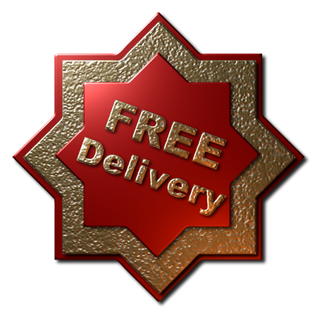 An eight sided star in gold and red with the words "FREE Delivery" in gold lettersの写真素材