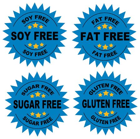 A set of seals indicating that the food is soy free, fat free, sugar fre and gluten free with a Blue Backgroundの写真素材