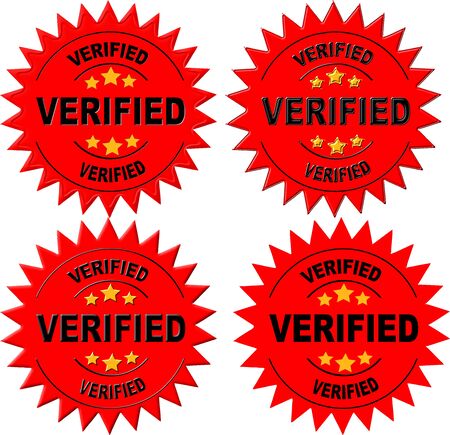 Set of four red seals with different beveling containing the words "verified"with yellow starsの写真素材