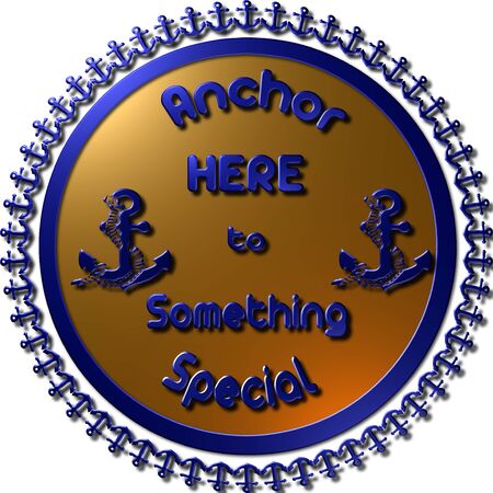 A Golden Vintage 3D anchor badge and label. Seal with anchors around and two anchors on the seal with text Anchor here to something specialの写真素材