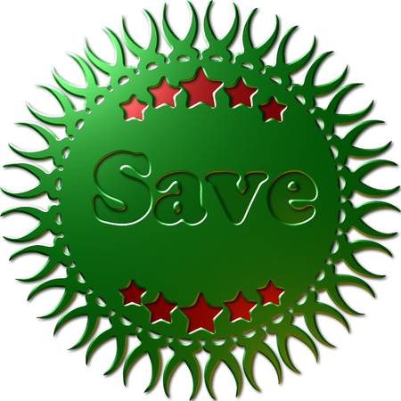 A 3D green metallic seal with complex edges cut into it stars in red and the text "Save" in greenの写真素材