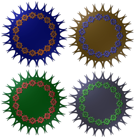 A set of four metallic seals with fancy trimmings around the edge and a ring of flowers on itの写真素材