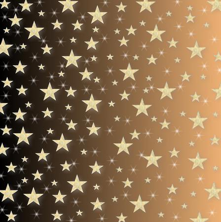 Christmas card, New Year holiday with yellow stars and sparkles on a shaded black to orange backgroundの写真素材